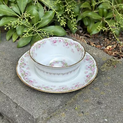 Buy Limoges Antique Elite Works Pink Rose Floral Green Swags Ramekin And Underplate • 28.71£
