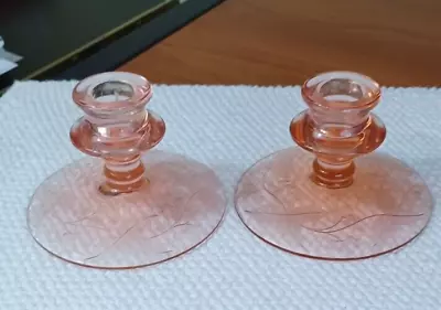 Buy Pair Vintage Pink Depression Glass Candle Holders Etched Floral Berry Vine • 25.51£