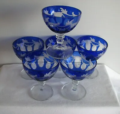 Buy 6 Crystal Sherbet Champagne Cocktail Glasses Blue Cut To Clear Germany 5   • 75.55£