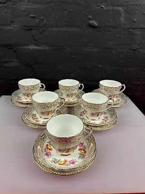 Buy 6 X Imperial Bone China 22kt Gold Floral Tea Trios Cups Saucers And Side Plates • 49.99£