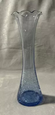Buy Vintage Hand Blown Blue Art Glass Crackle Bud Vase Fluted Ruffled Top 7.25” Tall • 11.06£