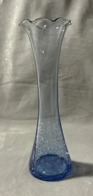 Buy VTG Hand Blown Bud Vase Blue Art Glass Crackle Fluted Ruffled Top 7.25” Tall • 12.24£