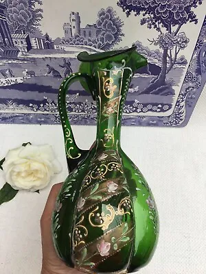 Buy Antique Green Glass Vase Jug Fluted Ruffled Rim Flowers Bohemia Moser? • 62£