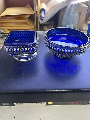 Buy Vintage Cobalt Blue Glass With Chrome Casing Candy Dish Lot • 23.57£