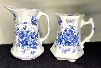 Buy 2 Vintage English Bone China Jugs/pitchers Blue Floral Pattern - 5.5 & 6.5  Tall • 15£