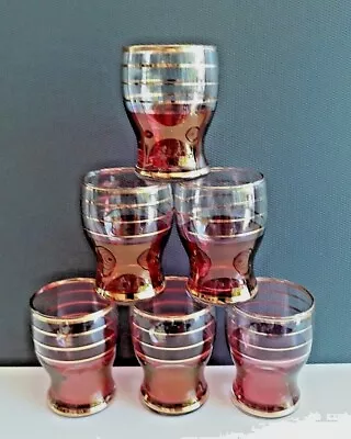 Buy 6 Vintage Cranberry Clear & Gold Banded Liqueur Shot Glasses • 9.95£