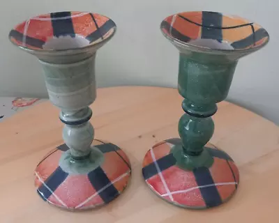 Buy Candle Holders Pair Scottish Tair Pottery Stoneware Candlesticks Green Check • 24£