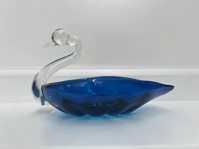 Buy Vintage 1970s Murano Sommerso 11cm Clear & Sapphire Blue Swan Dish • 15£