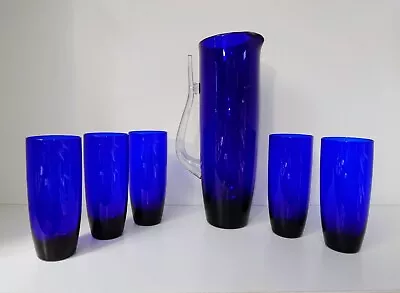 Buy Vintage Mid-Century Art Glass Deep Cobalt Blue Tall Jug & Matching Glasses Set • 27£