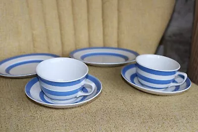 Buy T G GREEN BLUE & WHITE STRIPE CORNISHWARE :  2 X CUPS AND SAUCERS & 2 Plates • 25£
