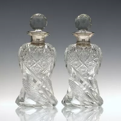 Buy Pair Silver Topped Edwardian Glass Decanters C1910 • 385£