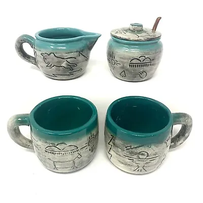 Buy Studio Art Pottery Hand Thrown Creamer Sugar, Cups Southwest Native Pictographs • 23.77£