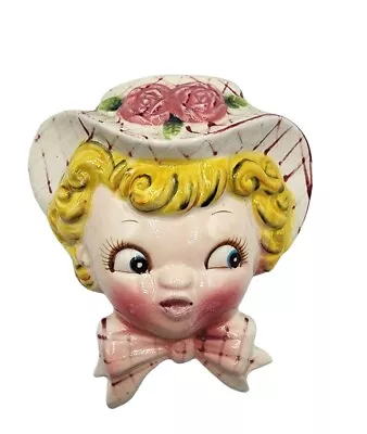 Buy Vintage Lefton Miss Dainty Wall Pocket Ceramic Hanging Head Vase MCM Big Eyes • 38.41£