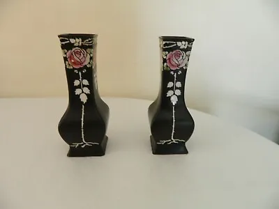 Buy Vintage Pair Of  Shelley  Black Vases With Rose Decoration • 29.99£