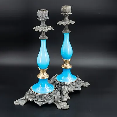 Buy Antique Pair French Blue Opaline Glass Bronze Candle Holders Candlesticks • 1,378.12£