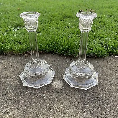 Buy 2x Tall Ornate Clear Glass Candlesticks Dinner Table Candle Holders Patterned • 1.70£