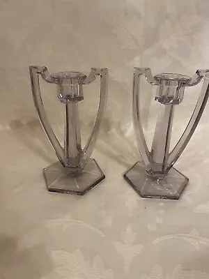 Buy Very Rare Pair Lilac Chippendale Glass Candlesticks Antique Art Deco • 39.99£