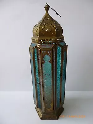 Buy Vintage Moroccan Hanging Lantern Tea Light Candle Holder Brass Coloured Glass • 16£