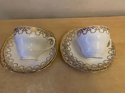 Buy 2 X Vintage Duchess White And Gold Filigree Tea Trios Cups Saucers Side Plates • 7.99£