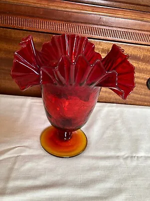 Buy Red Crackle Glass Compote / Blenko Gold Trim 9  Tall • 137.51£