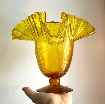 Buy Vtg BLENKO Bright Golden Yellow Crackle Glass Vase 8.25  Crimped Ruffled Footed • 42.53£