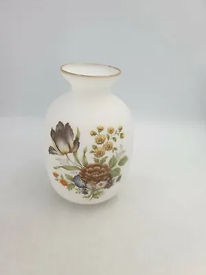 Buy Vintage Retro Matt Opaque White Glass 20cm Vase Multi Coloured Floral Gilded Rim • 18.99£