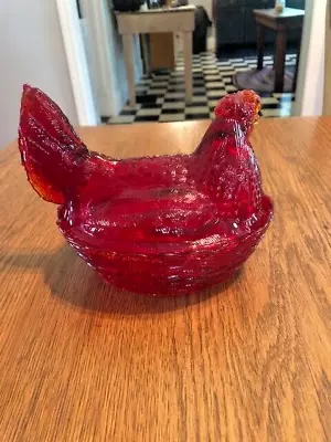 Buy Vintage Ruby Red Hen On Nest Chicken Covered Candy Dish Split Tail Basket Weave • 49.33£