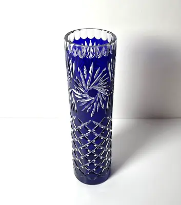Buy Blue Bohemian Glass Vase Cobalt Cut To Clear  Vintage 12” X 3” Cylinder Shape • 60.51£