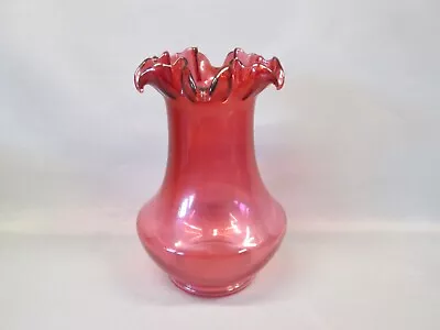 Buy Fenton Art Glass Cranberry Crimped Vertical Optic Vase Ruffled Rim Edging 9+  T • 86.66£