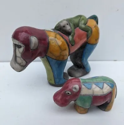 Buy  2 South African Fenix Raku Pottery Animals Babboon & Baby And Hippo Painted • 49.99£