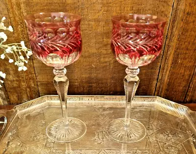 Buy SUPERB SET 2 CRYSTAL Cut To Clear OVERLAID CRANBERRY WINE GLASSES - 18.4cms • 59.95£