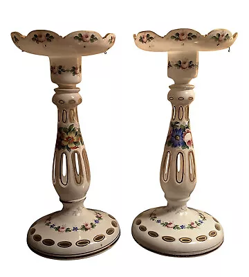 Buy Pair Of Antique Bohemian Candlesticks  Hand Painted Cased Glassware • 656.77£