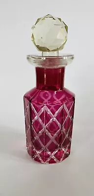 Buy Vintage Cranberry Cut To Clear Glass Square Perfume Bottle W Faceted Stopper 5  • 19£