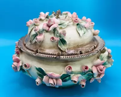 Buy Capodimonte Mollica Porcelain Pink Brown Floral Trinket Box Pot Ornament Italian • 9.99£