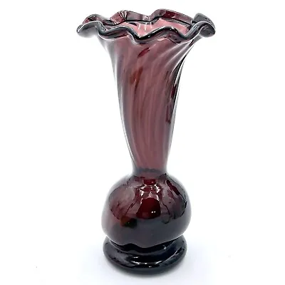 Buy Vtg Black Amethyst Glass Bud Vase Ruffle Rim Ribbed Swirl Hand Blown Hand Made • 18.33£