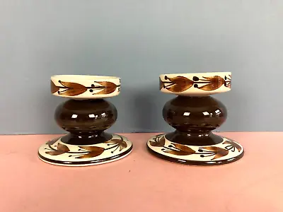 Buy Jersey Pottery Candle Holder, Candlestick, Brown, Leaf Pattern, Ceramic, Pair • 19.99£