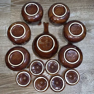 Buy 7 Vtg Hull Pottery Brown Drip Oven Proof 6 Bean Bowls Soup W Lids 1 Dessert Dish • 144.56£