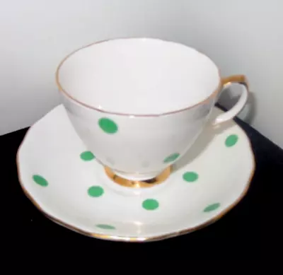 Buy Vintage Royal Vale White W/Green Polka Dot Bone China Tea Cup &Saucer Gold Trim • 11.48£