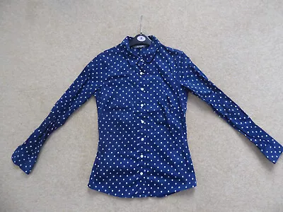 Buy Laura Ashley Cotton Fitted Shirt / Blouse, Navy Blue W/ White Dots / Spots, UK 8 • 6.40£