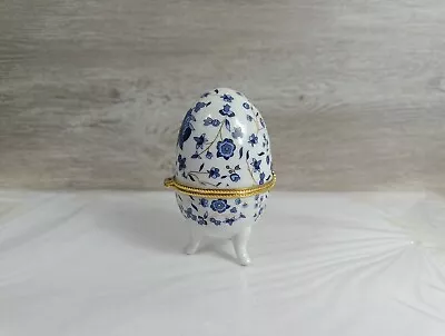 Buy Vintage Floral Patterned Ceramic Egg Shaped Trinket Box, Dark Blue, Gold  White • 24£