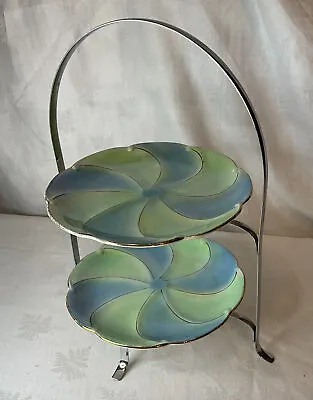 Buy Vintage 2 Tier Royal Winton Lustre Green Blue Plates Chrome Cake Stand • 75£