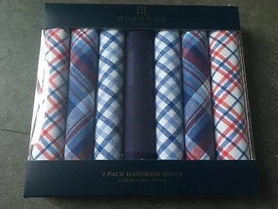 Buy 7 Osborne Luxury Fine 100%  White Red Blue Check Handkerchiefs Hankies • 9.99£