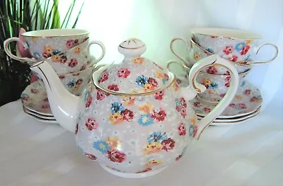Buy 13pc Gracie China Teapot + 6 Teacups + 6 Saucers Set Spring Floral Roses  • 60.10£
