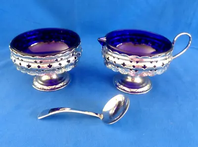 Buy Vintage Retro Cobalt Blue Glass Cream Jug, Sugar Bowl & Spoon With Plated Case • 14£