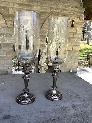 Buy Antique Pair Matching Silver Plate Hurricane Cut Etched Glass Candle Holders  • 192.75£