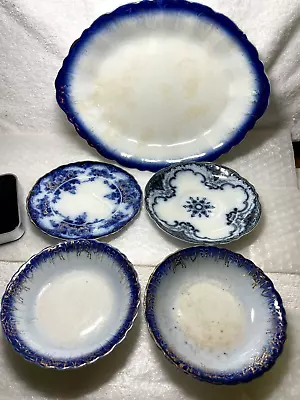 Buy Lot Of 5 Flow Blue China Anitque Porcelain Dishes - Platter, Sm Plates & Sauce • 40.28£