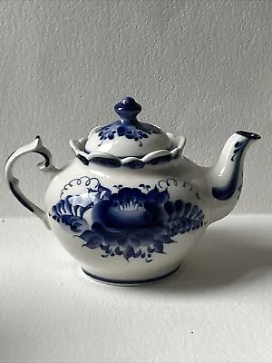 Buy Vintage Russian USSR Soviet Gzhel Floral Teapot H- 14cms Top Of Lid • 13.50£