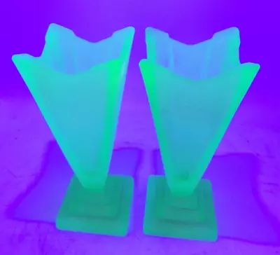 Buy Pair Bagley Wyndham Uranium Glass Vases Aer Deco Green Frosted Satin 7.5  • 75£