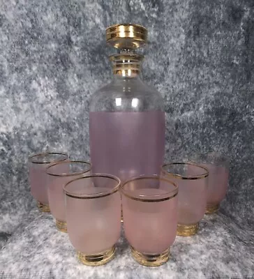 Buy Vintage Retro Frosted Pink Glass Gold Trim Liquor Decanter With 6 Glasses Set • 14.99£