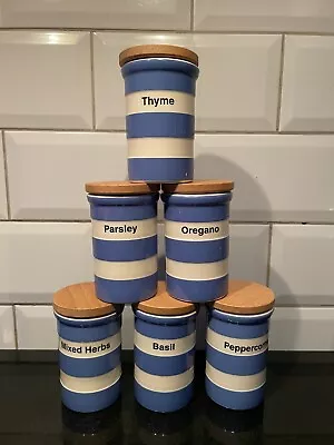 Buy TG Green Blue & White Cornishware Spice Jar Set 6 Wooden Lid Cloverleaf Period  • 125£